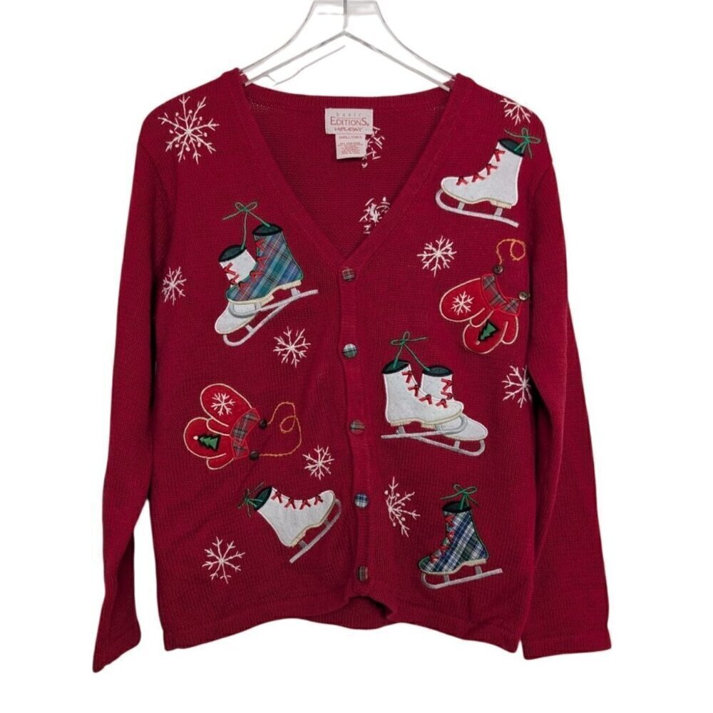 Vintage Ice Skating Cardigan Womens Size Small Red Snowflakes Winter Plaid